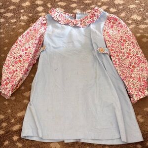 Girls Light Blue Pinafore Dress with Pink Floral Sleeves